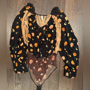 Free People Black Floral Lace Bodysuit with Orange and Pink Flowers